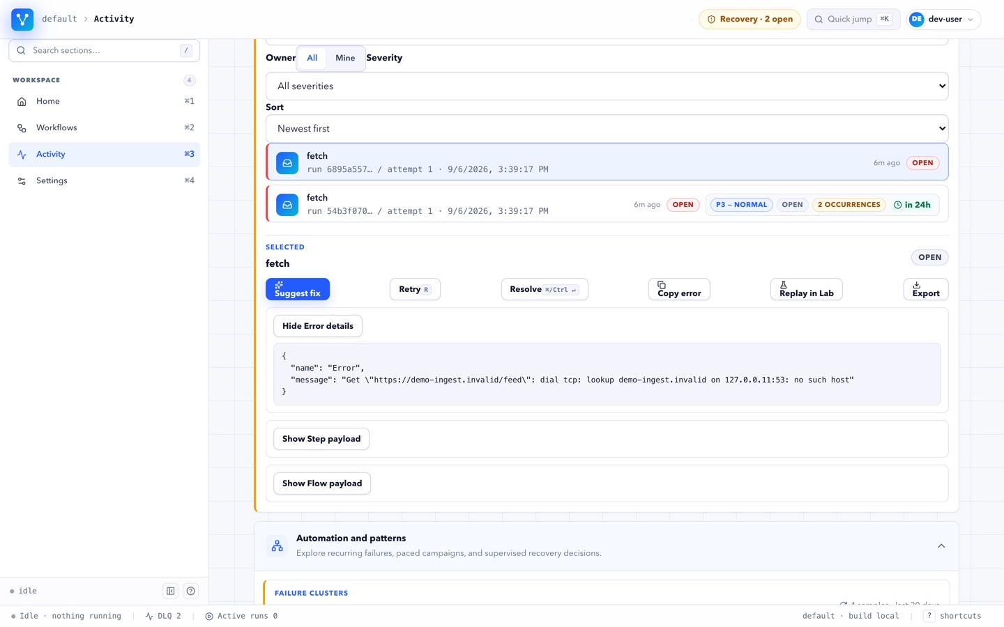 Janusly Recovery Center: the failure queue with the automation panel open